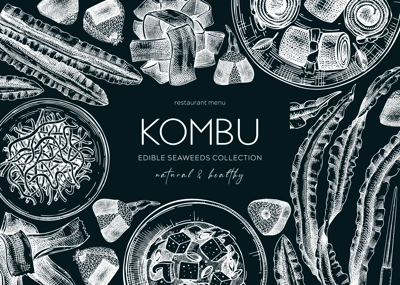 Hand-drawn Kombu banner design. Edible seaweed drawings on chalkboard. Sea vegetable illustrations. Healthy food vector background. Japanese cuisine. Trendy restaurant menu template